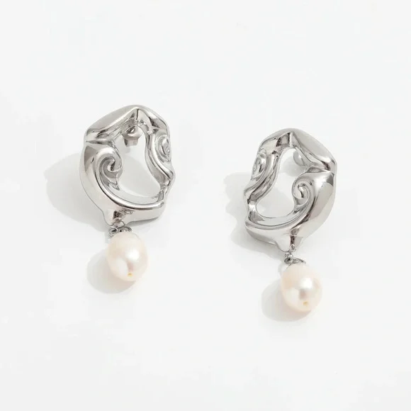 Silver Irregular Shape Earrings*Minimalist Design*Pearl Earrings*Waterproof*ML - Picture 3 of 4